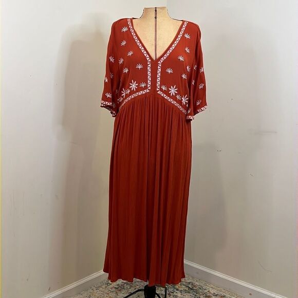 Shein Burnt Orange Embroidered Boho Dress - Size 1XL - Picture 1 of 10